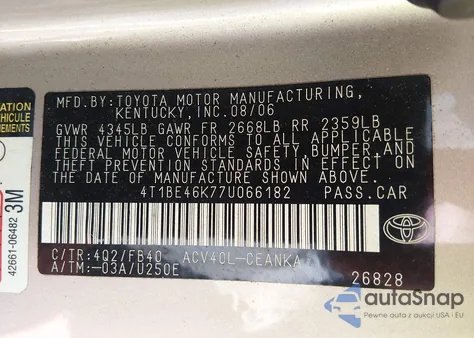 2007 Toyota Camry Le z USA, uszkodzony, nr VIN 4T1BE46K77U066182